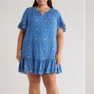 Max Studio Plus 3X Blue Floral Swing Dress Tiered Ruffle Summer Shift Boho NWT